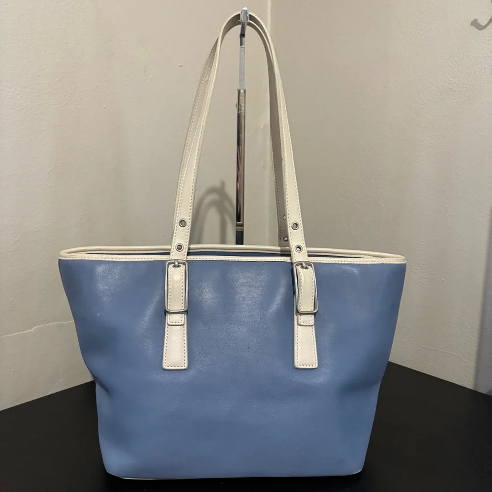 Coach Vintage Leather Shoulder Tote Purse Silver Buckle Minimalist Blue
